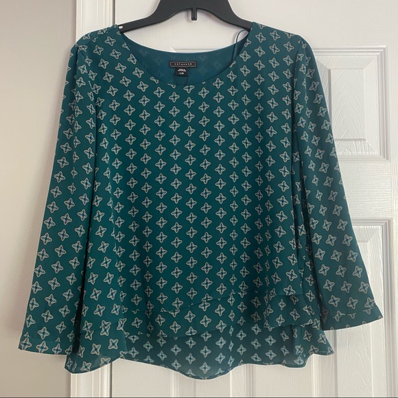 Metaphor Diamond Cross Printed Blouse Large Womens Shirt Deep Green Long Sleeve - Picture 1 of 6